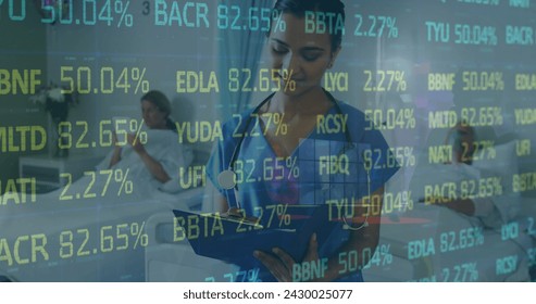 Image of data processing over female doctor with stethoscope. medicine, digital interface and data processing concept digitally generated image.