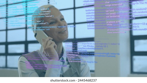 Image of data processing over female architect on smartphone in office. Global architecture, business, finances, computing and data processing concept digitally generated image. - Powered by Shutterstock