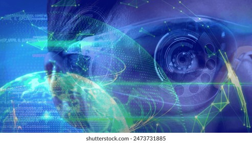 Image of data processing over female scientist with virtual glasses. digital composite, multiple exposure, global, abstract and technology concept.