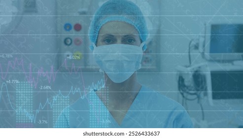 Image of data processing over female surgeon in face mask. global medicine, technology, data processing and digital interface concept digitally generated image. - Powered by Shutterstock