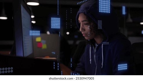 Image of data processing over female hacker using computer. Global connections, computing, digital interface and data processing concept digitally generated image.