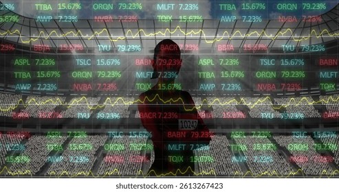 Image of data processing over female athlete at sports stadium. sport, competition, global communication and digital interface concept, digitally generated image.