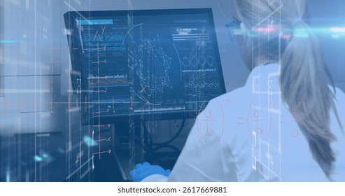 Image of data processing over female caucasian scientist using computer. global science, computing and data processing concept digitally generated image.