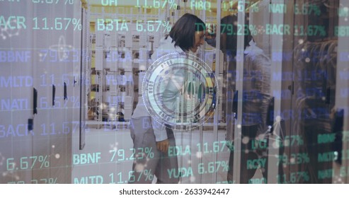 Image of data processing over female worker in server room. Global technology and digital interface concept digitally generated image.