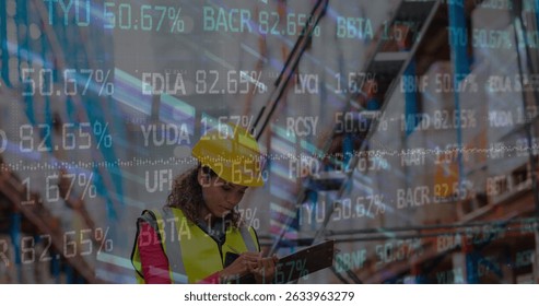 Image of data processing over female worker in warehouse. Global business and digital interface concept digitally generated image.