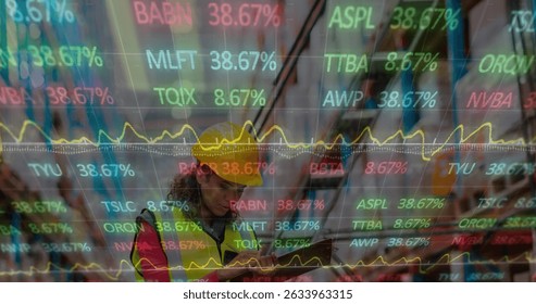 Image of data processing over female worker in warehouse. Global business and digital interface concept digitally generated image.