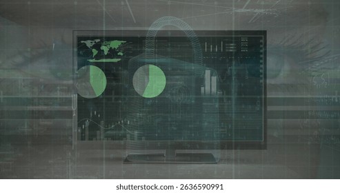 Image of data processing over female eyes and screen. Global connections, data processing and digital interface concept digitally generated image.