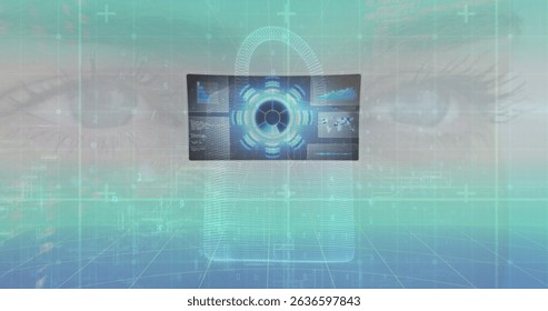 Image of data processing over female eyes. Global connections, data processing and digital interface concept digitally generated image.