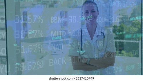 Image of data processing over female caucasian doctor. Global medicine, technology, data processing and digital interface concept digitally generated image.