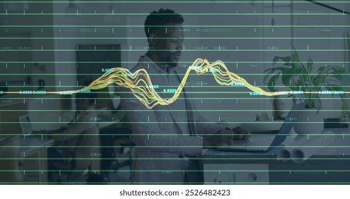 Image of data processing over financial data processing over delivery man warehouse. Global business and digital interface concept digitally generated image. - Powered by Shutterstock