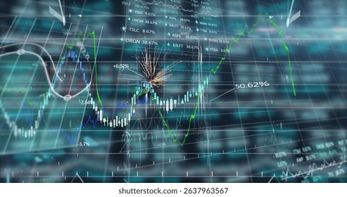 Image of data processing over financial data on grid. Global sports competition data processing and technology concept digitally generated image.