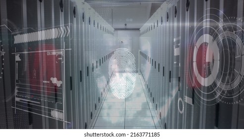 Image of data processing over fingerprint and computer servers. global internet security, cyber crime, data processing and technology concept digitally generated image.