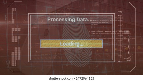 Image of data processing over fingerprint and padlock icons. Global technology, computing and digital interface concept digitally generated image.