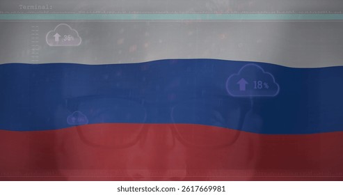 Image of data processing over flag of russia. ukraine crisis, cyber warfare and international politics concept digitally generated image.