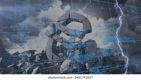 Image of data processing over flashes and euro made of stone. economy and financial crisis concept digitally generated image. - Powered by Shutterstock - Get 15% off with code: PIKWIZARD15
