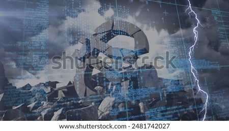 Image of data processing over flashes and euro made of stone. economy and financial crisis concept digitally generated image.