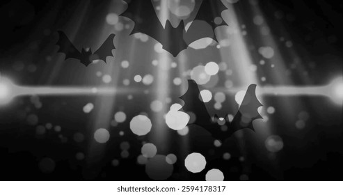 Image of data processing over flying bats. Animals, technology and digital interface concept digitally generated image.