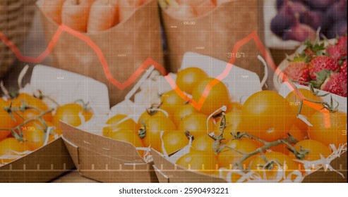 Image of data processing over fresh tomatoes. Shopping, technology and digital interface concept digitally generated image. - Powered by Shutterstock - Get 15% off with code: PIKWIZARD15