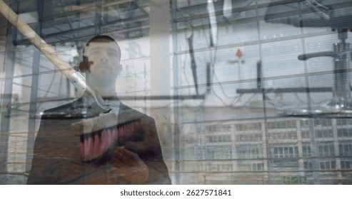 Image of data processing over geometrical shapes and caucasian man walking. global business data processing finance crisis and recession concept digitally generated image.