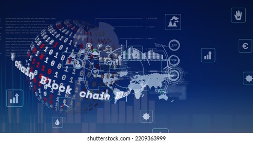 Image of data processing over globe. Global business and digital interface concept digitally generated image.