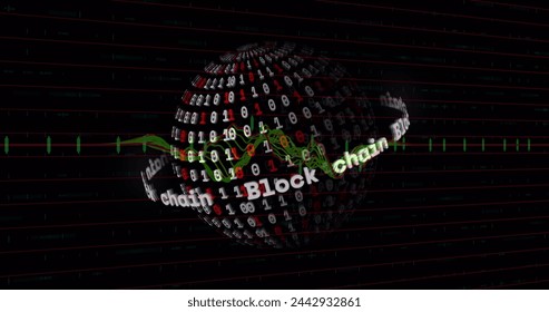 Image of data processing over globe with binary coding on black background. technology, computing and digital interface concept digitally generated image.
