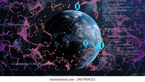 Image of data processing over globe and connections with binary coding. Global connections, digital interface, computing and data processing concept digitally generated image.