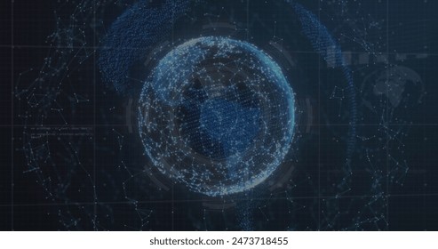 Image of data processing over globe. Global business and digital interface concept digitally generated image.