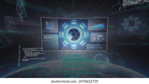 Image of data processing over globe. Global business, finances, computing and data processing concept digitally generated image.