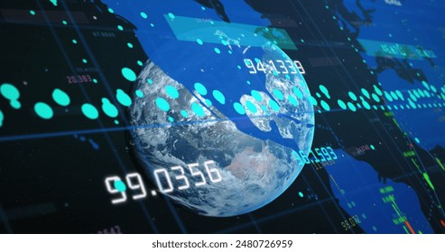 Image of data processing over globe. Global connections, computing and data processing concept digitally generated image.