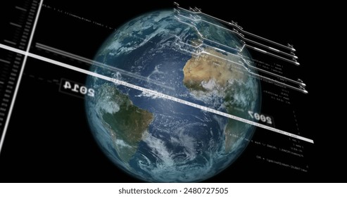 Image of data processing over globe. Global connections, business, finances, computing and data processing concept digitally generated image.