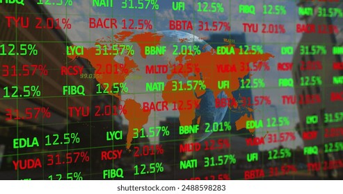 Image of data processing over globe and world map. Global business and digital interface concept digitally generated image.
