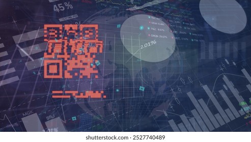 Image of data processing over globe and qr code. Global business and digital interface concept digitally generated image.