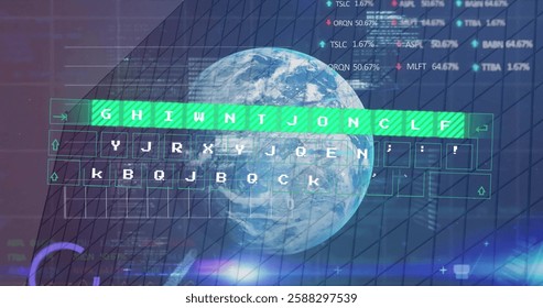 Image of data processing over globe and grid. Network, data, digital interface, economy, connection and global communication, digitally generated image.