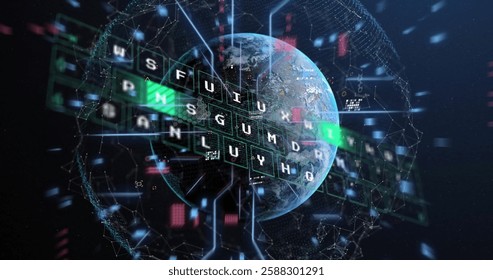 Image of data processing over globe with connections on black background. Global connections, computing and digital interface concept digitally generated image.