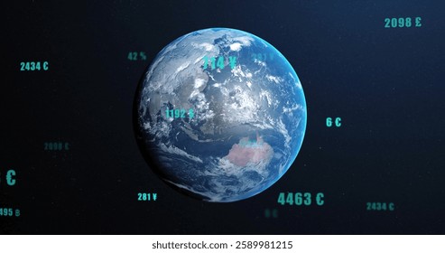 Image of data processing over globe on black background. Global technology, computing and digital interface concept digitally generated image.