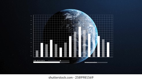 Image of data processing over globe on black background. Global technology, computing and digital interface concept digitally generated image.