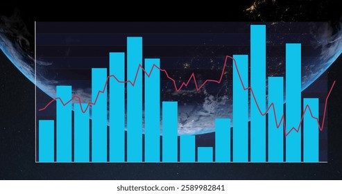 Image of data processing over globe on black background. Global technology, computing and digital interface concept digitally generated image.