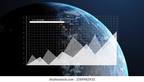 Image of data processing over globe on black background. Global technology, computing and digital interface concept digitally generated image.