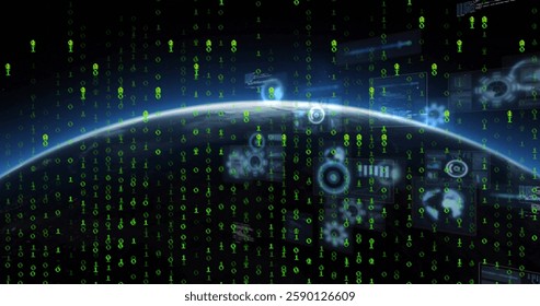 Image of data processing over globe on black background. Global technology, computing, connections and digital interface concept digitally generated image.