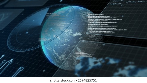 Image of data processing over globe. Global connections, computing and data processing concept digitally generated image.