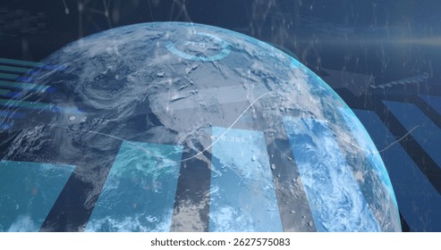 Image of data processing over globe. Global connections business digital interface technology and networking concept digitally generated image.