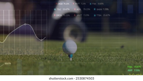 Image of data processing over golf ball on golf course. Global sports, competition, computing and data processing concept digitally generated image. - Powered by Shutterstock - Get 15% off with code: PIKWIZARD15