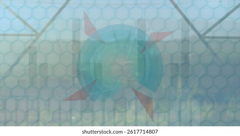Image of data processing over grass and shapes. global business and digital interface concept digitally generated image.