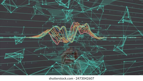 Image of data processing over green grid. Global connections technology digital interface and connections concept digitally generated image.