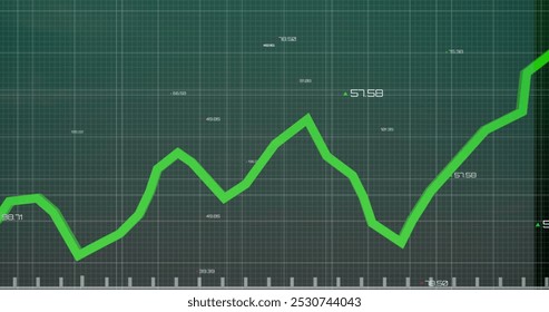 Image of data processing over green background. Global business and digital interface concept digitally generated image.
