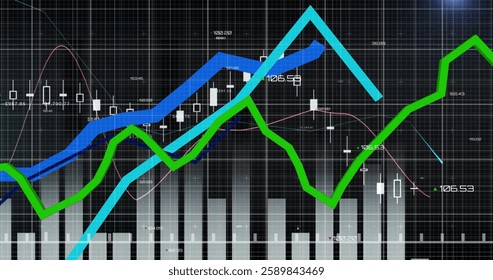 Image of data processing over grid and dark background. Global connections, computing and data processing concept digitally generated image.
