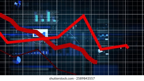 Image of data processing over grid and dark background. Global connections, computing and data processing concept digitally generated image.