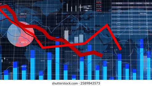 Image of data processing over grid and dark background. Global connections, computing and data processing concept digitally generated image.