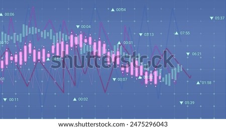 Image of data processing over grid network against blue background. Computer interface and business technology concept