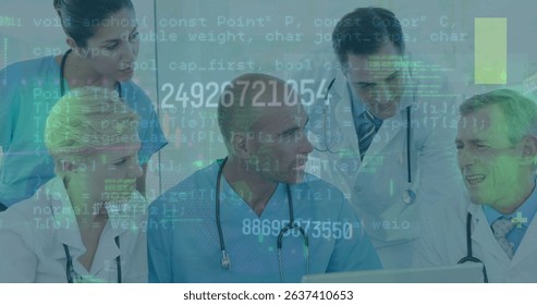 Image of data processing over group of diverse doctors. Global medicine, technology, data processing and digital interface concept digitally generated image.
